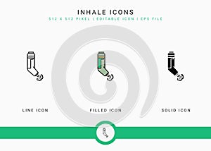 Inhale icons set vector illustration with solid icon line style. Asthma spray concept.