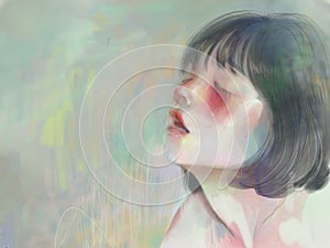 Inhaling, blushing girl with red cheeks in peaceful soft pastel colors