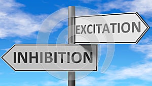 Inhibition and excitation as a choice, pictured as words Inhibition, excitation on road signs to show that when a person makes