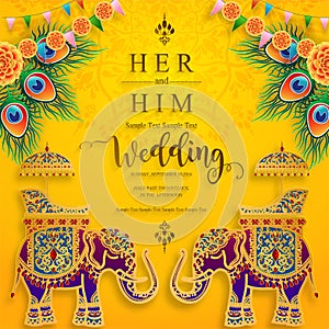 InIndian wedding Invitation carddian wedding Invitation card templates with gold patterned and crystals on paper color Background.