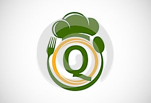 Initial alphabet Q with chef hat, spoon and fork. Modern vector logo for cafe, restaurant, cooking business, and company identity