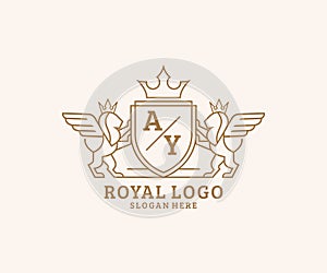 Initial AY Letter Lion Royal Luxury Heraldic,Crest Logo template in vector art for Restaurant, Royalty, Boutique, Cafe, Hotel,