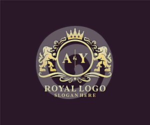 Initial AY Letter Lion Royal Luxury Logo template in vector art for Restaurant, Royalty, Boutique, Cafe, Hotel, Heraldic, Jewelry