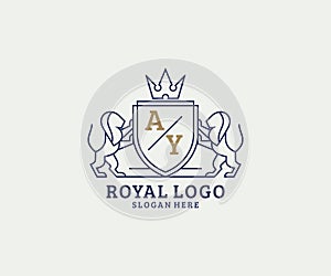 Initial AY Letter Lion Royal Luxury Logo template in vector art for Restaurant, Royalty, Boutique, Cafe, Hotel, Heraldic, Jewelry
