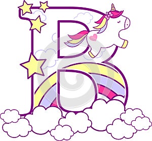 Initial b with cute unicorn and rainbow photo