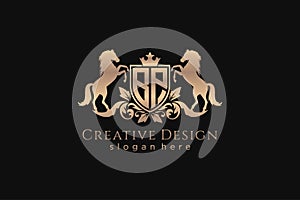 initial BP Retro golden crest with shield and two horses, badge template with scrolls and royal crown - perfect for luxurious