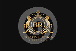 initial BR Retro golden crest with circle and two horses, badge template with scrolls and royal crown - perfect for luxurious