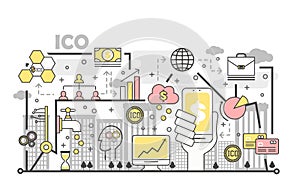 Initial coin offering concept vector illustration in flat linear style