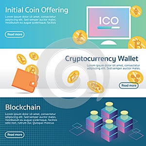 Initial coin offering cryptocurrency set banner vector