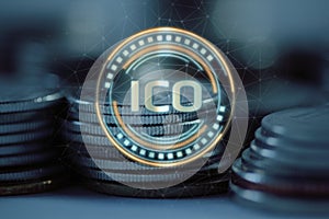 Initial Coin Offering ICO led hologram hover over pile of regular coins.