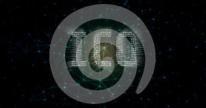 Initial Coin Offering ICO text written in binary format on abstract wired network background.