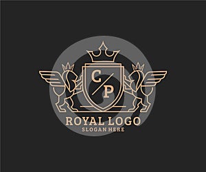 Initial CP Letter Lion Royal Luxury Heraldic,Crest Logo template in vector art for Restaurant, Royalty, Boutique, Cafe, Hotel,