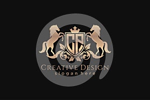 initial CP Retro golden crest with shield and two horses, badge template with scrolls and royal crown - perfect for luxurious