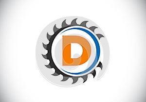 Initial D monogram alphabet with the saw blade. Carpentry, woodworking logo design. Font emblem. Modern vector logo for sawmill