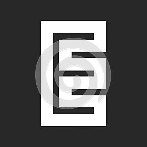 Initial E bold letter logo monogram from wide white stripes on a black background. Creative identity EE logotype from wide