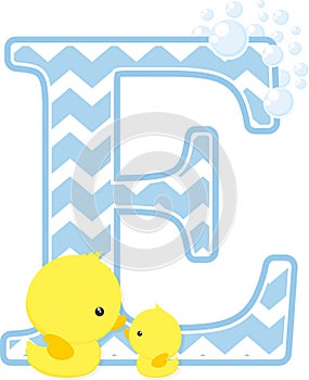 Initial e with cute baby rubber duck