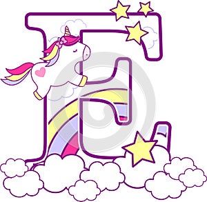 Initial e with cute unicorn and rainbow