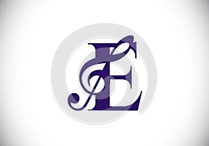 Initial E monogram alphabet with a musical note. Symphony or melody signs. Musical sign symbol. Font emblem. Modern vector logo