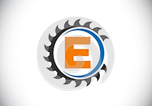 Initial E monogram alphabet with the saw blade. Carpentry, woodworking logo design. Font emblem. Modern vector logo for sawmill