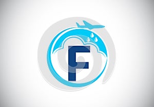 Initial F monogram alphabet with an airplane and cloud. Artificial rainmaking. Cloud seeding logo. Modern vector logo for the photo