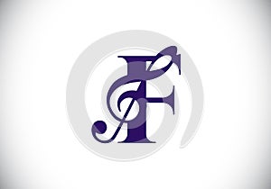 Initial F monogram alphabet with a musical note. Symphony or melody signs. Musical sign symbol. Font emblem. Modern vector logo