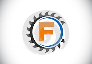 Initial F monogram alphabet with the saw blade. Carpentry, woodworking logo design. Font emblem. Modern vector logo for sawmill