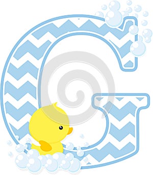 Initial g with bubbles and cute baby rubber duck