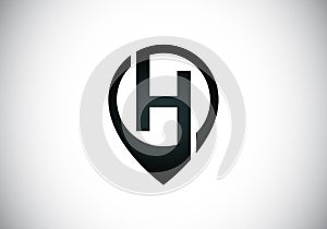 Initial H monogram letter alphabet with location icon pin sign. Font emblem. Navigation map, GPS, direction, place, compass,
