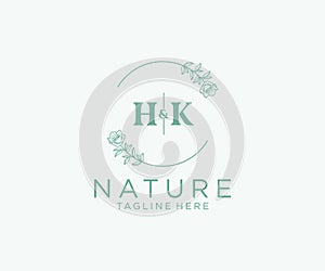 initial HK letters Botanical feminine logo template floral, editable premade monoline logo suitable, Luxury feminine wedding