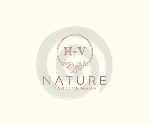 initial HV letters floral frames. Botanical feminine editable premade monoline unique decoration for greeting card, wedding