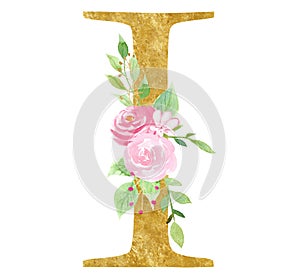 Initial I letter with blossom raster illustration