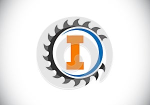 Initial I monogram alphabet with the saw blade. Carpentry, woodworking logo design. Font emblem. Modern vector logo for sawmill