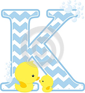 Initial k with bubbles and cute baby rubber duck