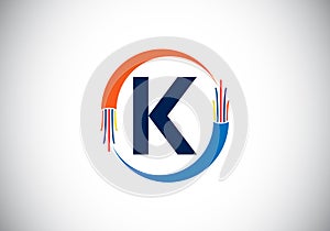 Initial K monogram letter alphabet with electric wire, optical fiber cable. Font emblem. Modern vector logo design for technology