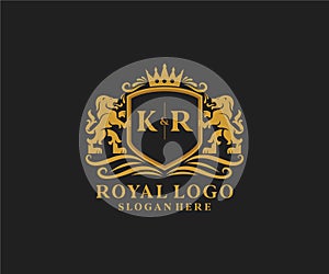 Initial KR Letter Lion Royal Luxury Logo template in vector art for Restaurant, Royalty, Boutique, Cafe, Hotel, Heraldic, Jewelry