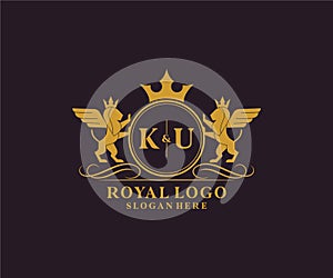 Initial KU Letter Lion Royal Luxury Heraldic,Crest Logo template in vector art for Restaurant, Royalty, Boutique, Cafe, Hotel,