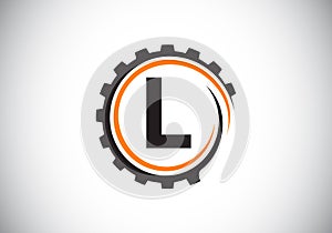 Initial L monogram alphabet in a gear spiral. Gear engineer logo design. Logo for automotive, mechanical, technology, setting,