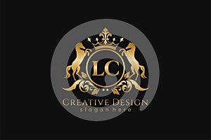 initial LC Retro golden crest with circle and two horses, badge template with scrolls and royal crown - perfect for luxurious