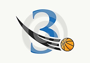 Initial Letter 3 Basketball Logo Concept With Moving Basketball Icon. Basket Ball Logotype Symbol Vector Template