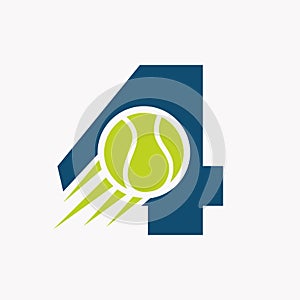 Initial Letter 4 Tennis Logo Concept With Moving Tennis Ball Icon. Tennis Sports Logotype Symbol Vector Template