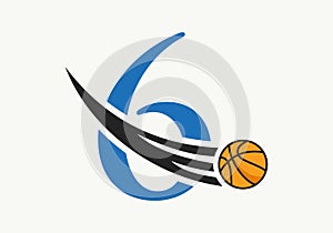 Initial Letter 6 Basketball Logo Concept With Moving Basketball Icon. Basket Ball Logotype Symbol Vector Template