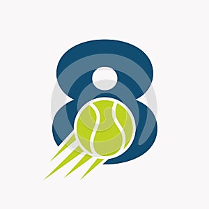 Initial Letter 8 Tennis Logo Concept With Moving Tennis Ball Icon. Tennis Sports Logotype Symbol Vector Template