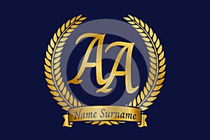 Initial letter A and A, AA monogram logo design with laurel wreath. Luxury golden calligraphy font