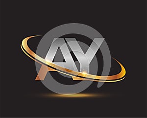 Initial letter AY logotype company name colored gold and silver swoosh design. isolated on black background