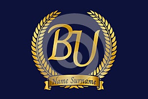 Initial letter B and U, BU monogram logo design with laurel wreath. Luxury golden calligraphy font