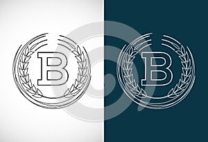 Initial letter B with wheat wreath. Organic wheat farming logo design concept. Agriculture logo