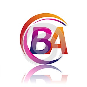 initial letter BA logotype company name orange and magenta color on circle and swoosh design. vector logo for business and company