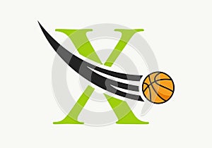 Initial Letter X Basketball Logo Concept With Moving Basketball Icon. Basket Ball Logotype Symbol Vector Template