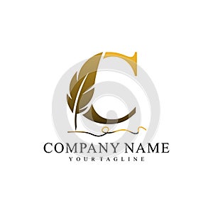 Initial letter C logo with Feather Luxury gold