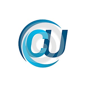 initial letter CU logotype company name blue circle and swoosh design. vector logo for business and company identity